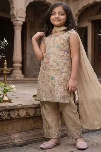Trendy stylish kids wear heavy embroidery sequence work kurta set