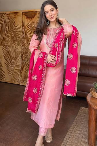 Elegant fendy silk embroidered sequin work kurta pant dupatta set for women