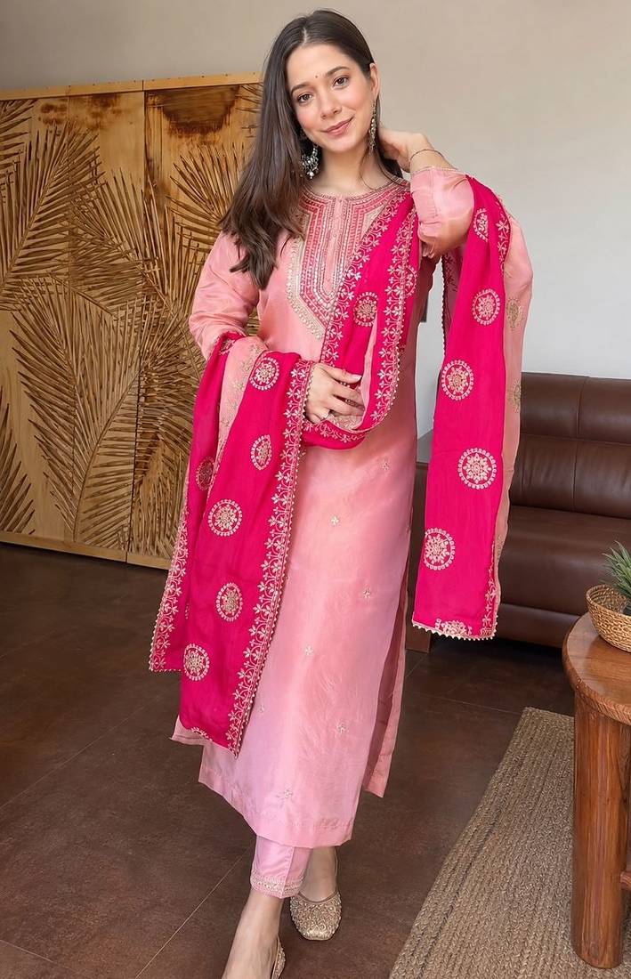 Elegant fendy silk embroidered sequin work kurta pant dupatta set for women