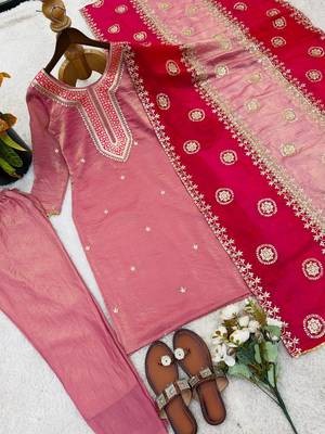 Elegant fendy silk embroidered sequin work kurta pant dupatta set for women 2
