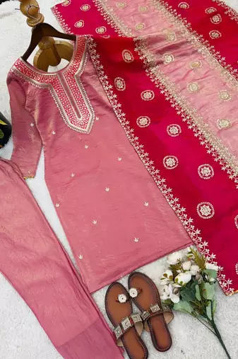 Elegant fendy silk embroidered sequin work kurta pant dupatta set for women