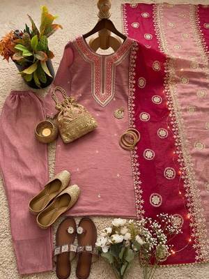 Elegant fendy silk embroidered sequin work kurta pant dupatta set for women 3