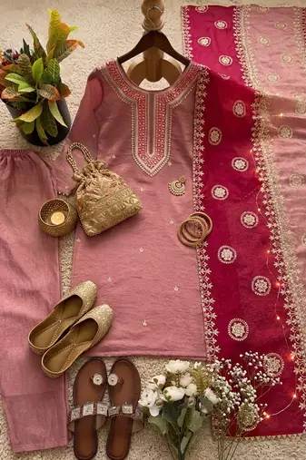 Elegant fendy silk embroidered sequin work kurta pant dupatta set for women