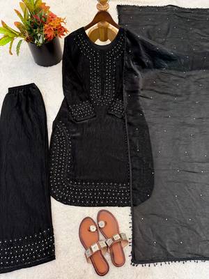 heavy fandy silk embroidered beads work top palazzo dupatta set for women 2