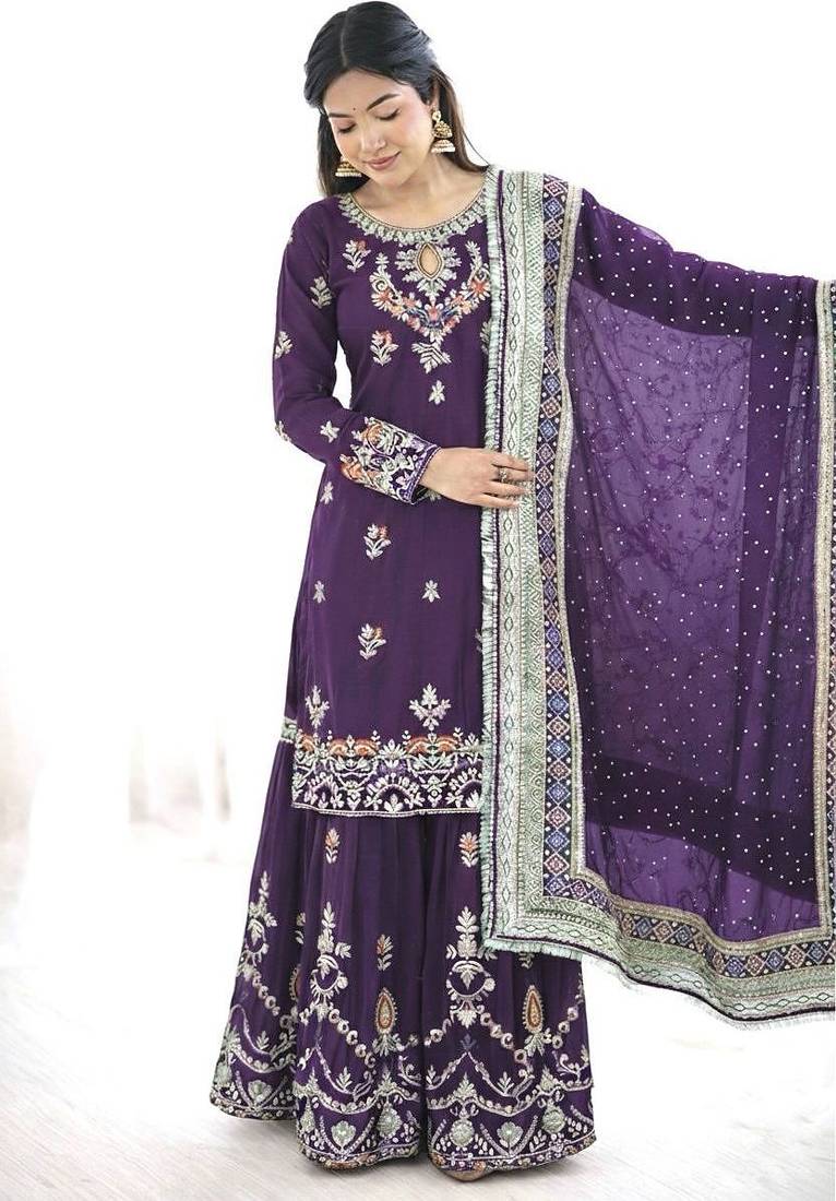 Designer faux georgette embroidered sharara palazzo suit with dupatta for women | party wear ethnic set