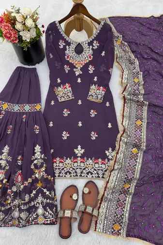 Designer faux georgette embroidered sharara palazzo suit with dupatta for women | party wear ethnic set