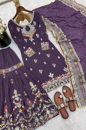 Designer faux georgette embroidered sharara palazzo suit with dupatta for women | party wear ethnic set