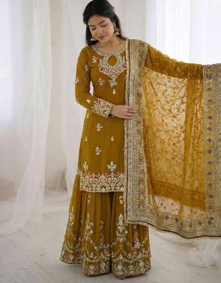  faux georgette embroidered sharara palazzo suit with dupatta for women 1