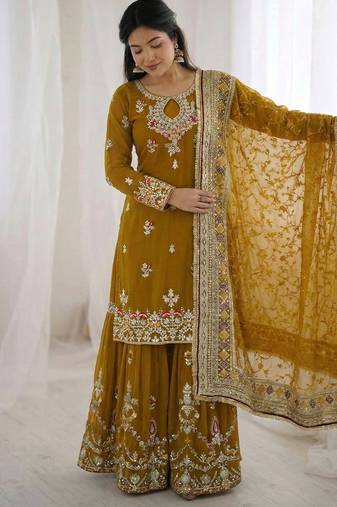  faux georgette embroidered sharara palazzo suit with dupatta for women