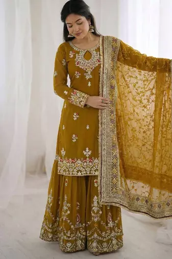  faux georgette embroidered sharara palazzo suit with dupatta for women