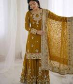  faux georgette embroidered sharara palazzo suit with dupatta for women