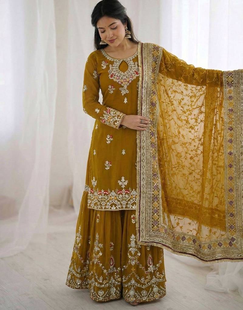  faux georgette embroidered sharara palazzo suit with dupatta for women