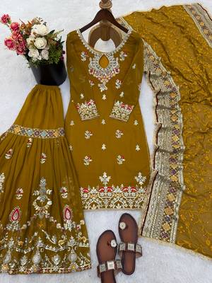  faux georgette embroidered sharara palazzo suit with dupatta for women 2