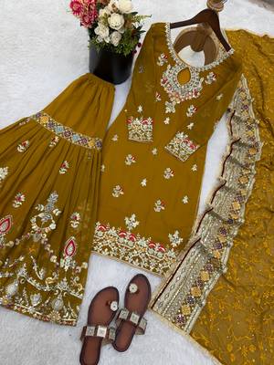  faux georgette embroidered sharara palazzo suit with dupatta for women 3