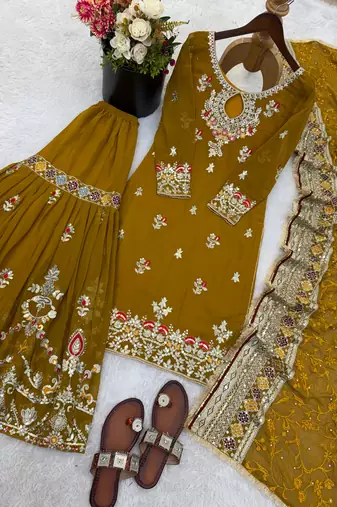  faux georgette embroidered sharara palazzo suit with dupatta for women