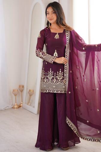 Women’s fendy silk embroidered sharara palazzo suit with dupatta | ready to wear party wear set