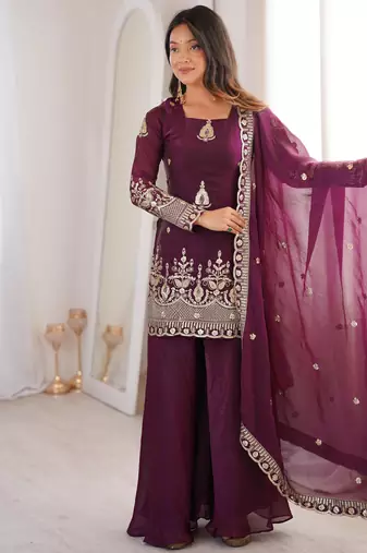 Women        s fendy silk embroidered sharara palazzo suit with dupatta | ready to wear party wear set