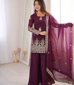 Women        s fendy silk embroidered sharara palazzo suit with dupatta | ready to wear party wear set