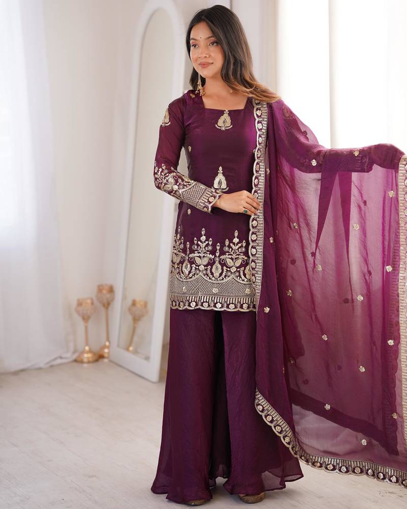 Women        s fendy silk embroidered sharara palazzo suit with dupatta | ready to wear party wear set