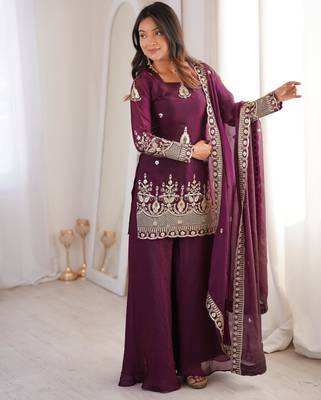 Women    s fendy silk embroidered sharara palazzo suit with dupatta | ready to wear party wear set 2