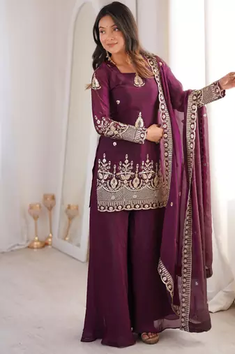 Women    s fendy silk embroidered sharara palazzo suit with dupatta | ready to wear party wear set