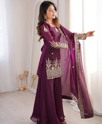 Women    s fendy silk embroidered sharara palazzo suit with dupatta | ready to wear party wear set 3
