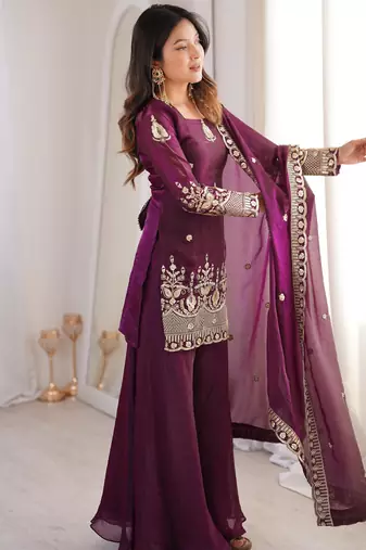 Women    s fendy silk embroidered sharara palazzo suit with dupatta | ready to wear party wear set