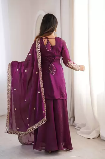 Women    s fendy silk embroidered sharara palazzo suit with dupatta | ready to wear party wear set