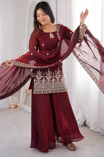 fendy silk embroidered sharara palazzo suit with dupatta
