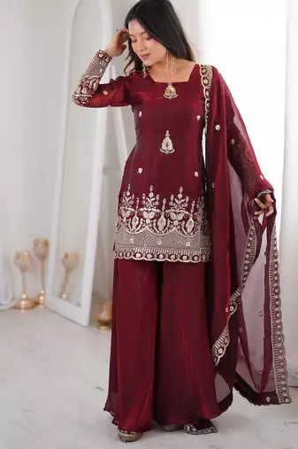 fendy silk embroidered sharara palazzo suit with dupatta