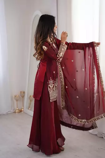 fendy silk embroidered sharara palazzo suit with dupatta