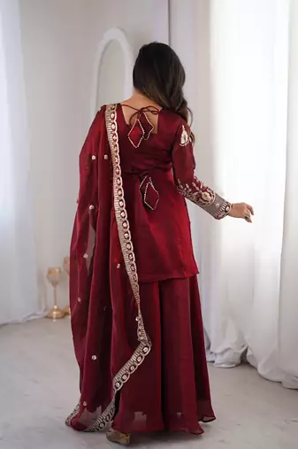 fendy silk embroidered sharara palazzo suit with dupatta