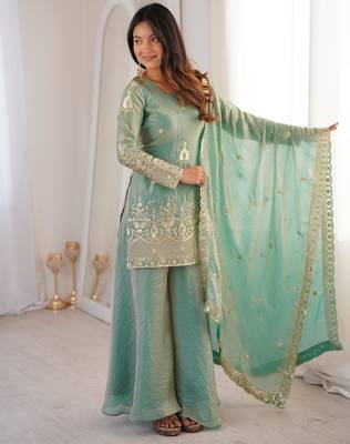 fendy silk embroidered sharara palazzo suit with dupatta 1