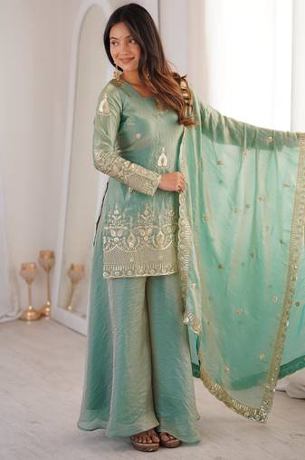 fendy silk embroidered sharara palazzo suit with dupatta