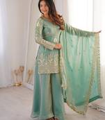 fendy silk embroidered sharara palazzo suit with dupatta