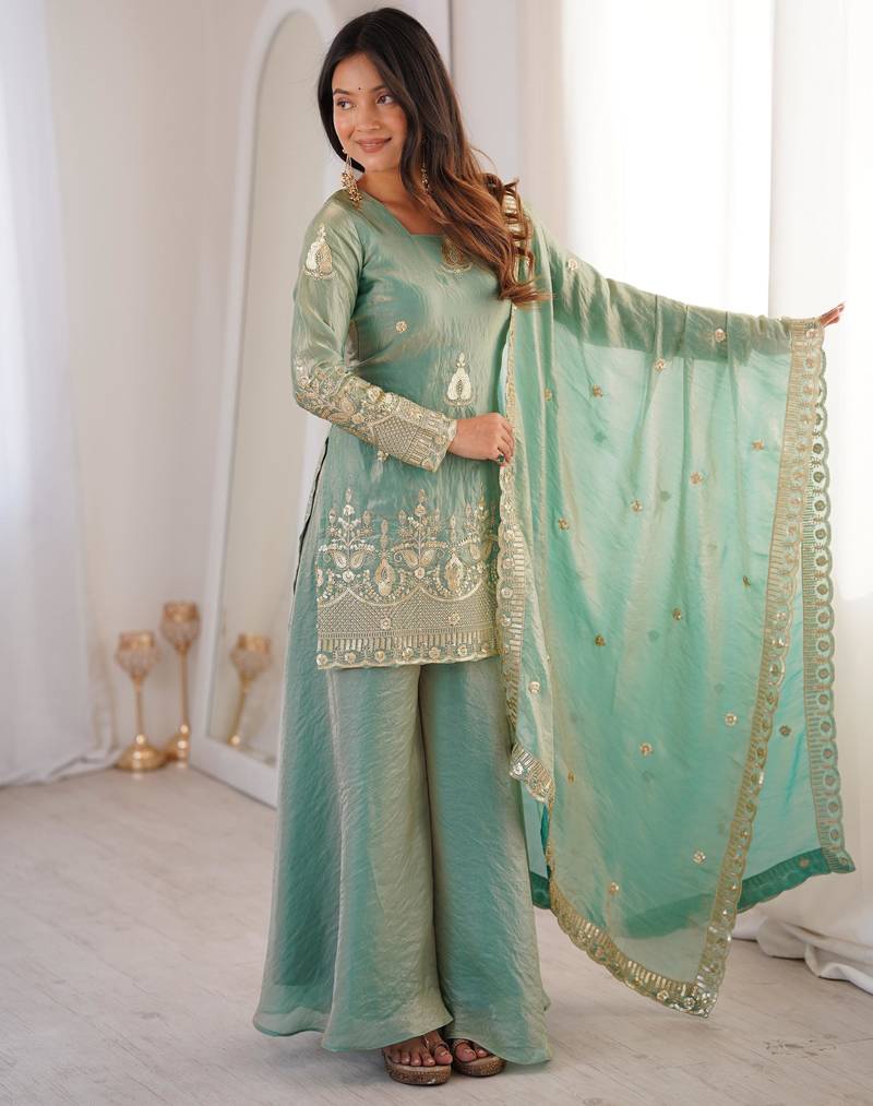 fendy silk embroidered sharara palazzo suit with dupatta