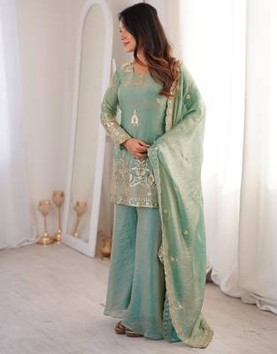 fendy silk embroidered sharara palazzo suit with dupatta 2