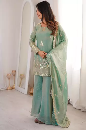 fendy silk embroidered sharara palazzo suit with dupatta