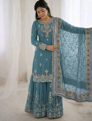  faux georgette embroidered sharara palazzo suit with dupatta for women 1