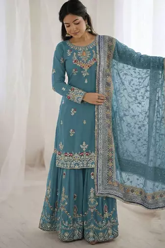  faux georgette embroidered sharara palazzo suit with dupatta for women