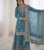  faux georgette embroidered sharara palazzo suit with dupatta for women