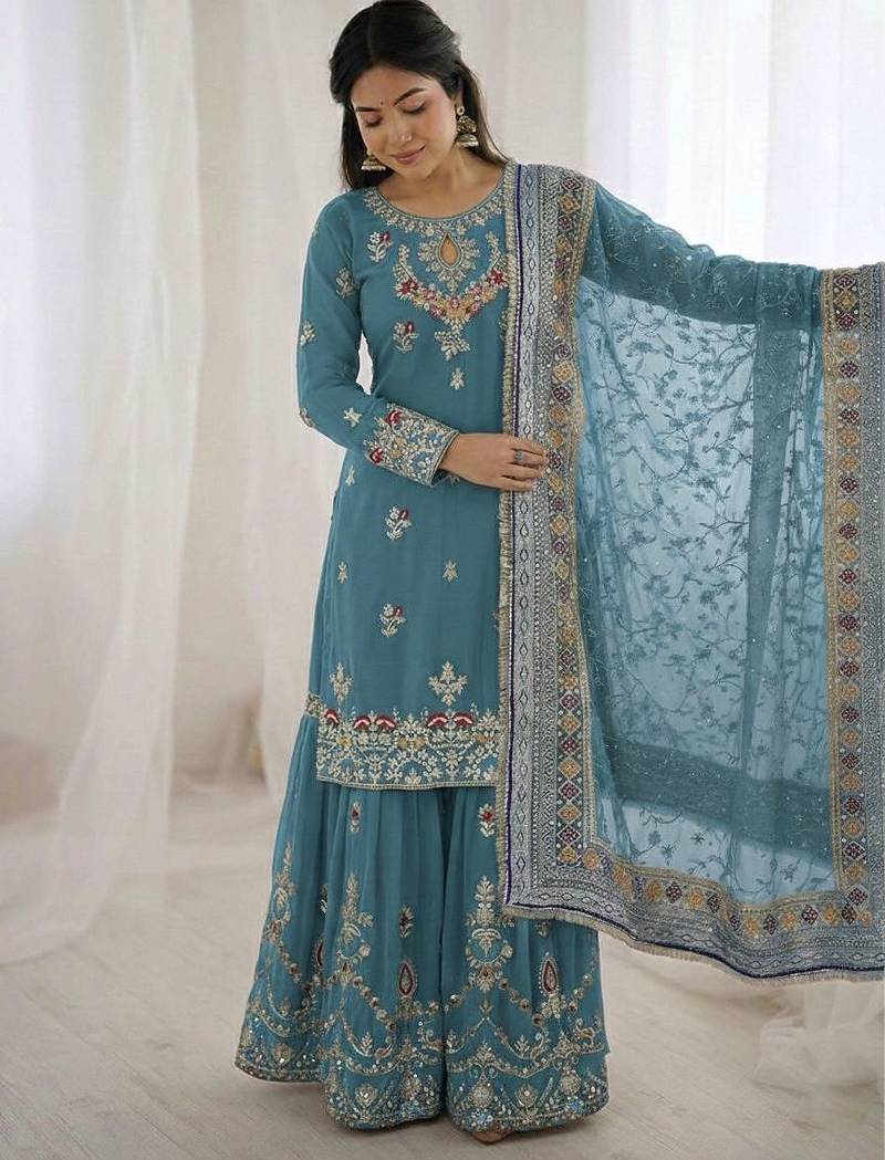  faux georgette embroidered sharara palazzo suit with dupatta for women