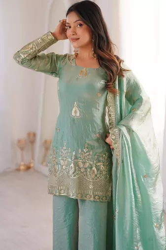 fendy silk embroidered sharara palazzo suit with dupatta