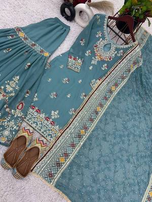  faux georgette embroidered sharara palazzo suit with dupatta for women 2