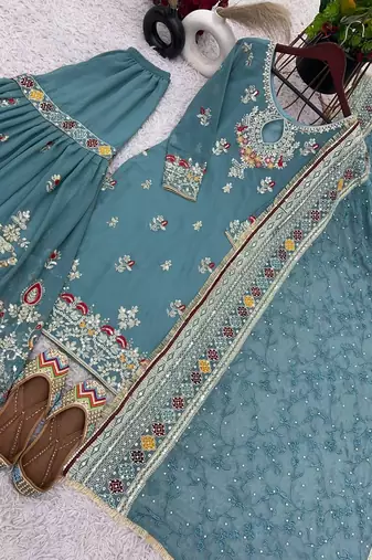  faux georgette embroidered sharara palazzo suit with dupatta for women