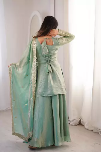 fendy silk embroidered sharara palazzo suit with dupatta