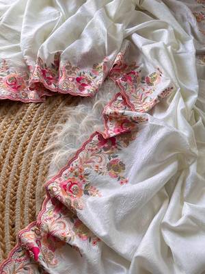 White Color Viscose Embroidery Work  Silk Saree 1