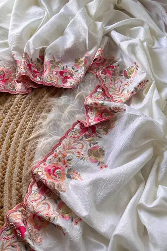 White Color Viscose Embroidery Work  Silk Saree