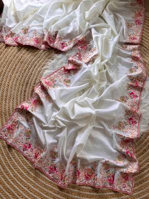 White Color Viscose Embroidery Work  Silk Saree 2
