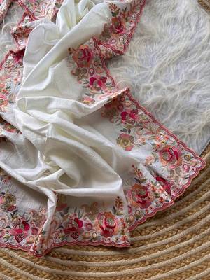White Color Viscose Embroidery Work  Silk Saree 3